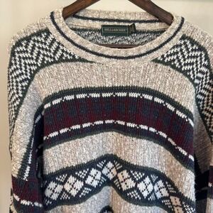 Hill & Archer Tan Sweater with Green Red Blue Design Size 2XL 100% Cotton Winter
